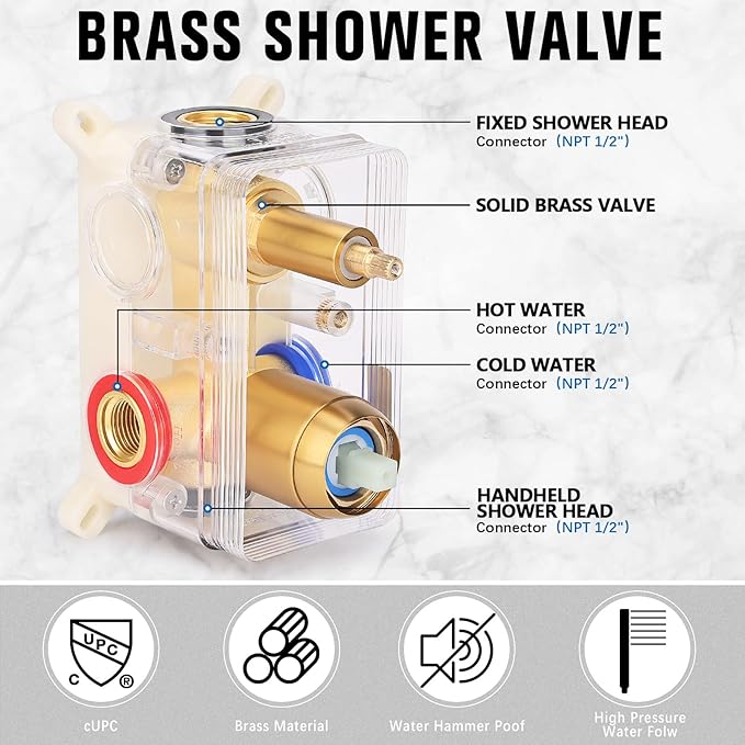 12 Inch Rainfall Shower System - Wall Mounted Complete Combo with Solid Brass Pressure Balancing Valve, High Pressure Shower Head, Handle Set & Installation Accessories Brushed Gold