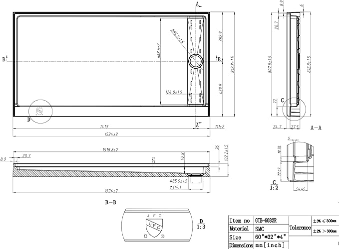 Shower Base Pan in White Right Linear Drainer, Rectangular Shower Base 60"×32"×4" with Non-Slip Floor Panel and Stainless Steel Shower Drain Cover
