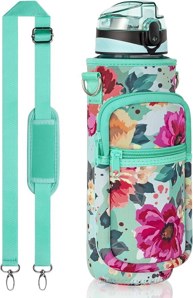 Fimibuke 32 oz Water Bottle with Sleeve - BPA Free Leakproof Sport Large 1L Plastic Motivational Water Bottle with Straw Strap & Insulated Neoprene Holder Carrier Bag Great Xmas Gift for Women Men