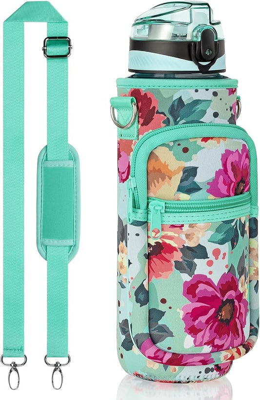 Fimibuke 32 oz Water Bottle with Sleeve - BPA Free Leakproof Sport Large 1L Plastic Motivational Water Bottle with Straw Strap & Insulated Neoprene Holder Carrier Bag Great Xmas Gift for Women Men