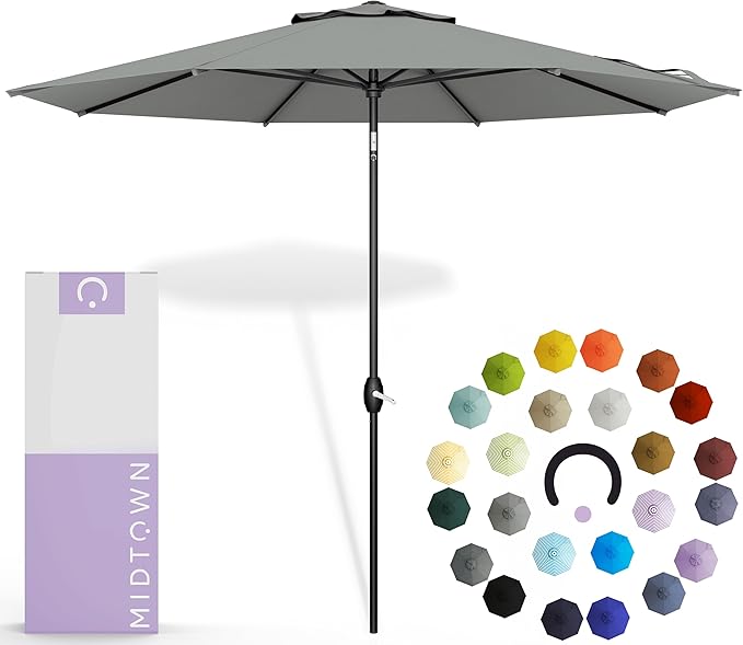 Midtown Umbrellas 10-Year-No-Fade - 10 Ft - UV Proof Matter (Grey) Polyester Fabric - Umbrella Outdoor Patio, Aluminum Frame Large Patio Umbrella for Garden, Pool & Deck - Black Pole