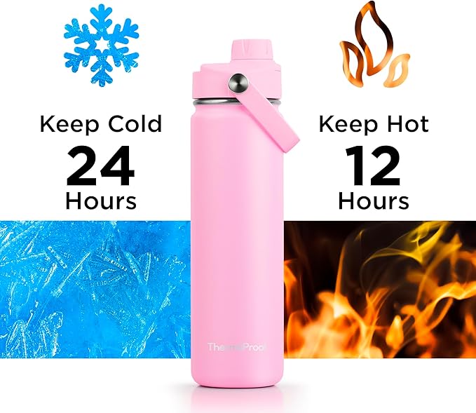 ThermoProof Hot & Cold Insulated Stainless Steel Water Bottle, Durable Leak Proof Gym Bottles for Men, Women & Kids, Double Walled Vacuum Bottles - 2 Lids (Pink, 22oz)