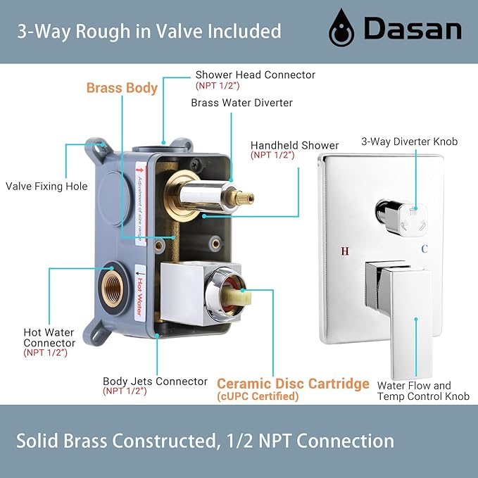 Polished Chrome Shower System with 4 PCS Shower Body Spray Jets & 12’’ Ceiling Shower Head & Handheld Spray, DASAN Full Body Shower Faucet System with Jets Rainfall Shower Combo Set, SA-SS03BCH-S12C
