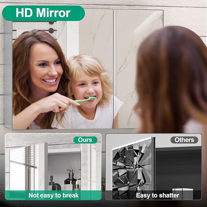 36 x 24 Farmhouse Medicine Cabinet, Tempered Frameless Bathroom Mirror with Storage, Silver Recessed or Surface Mount Aluminum Medicine Cabinet for Bathroom Modern