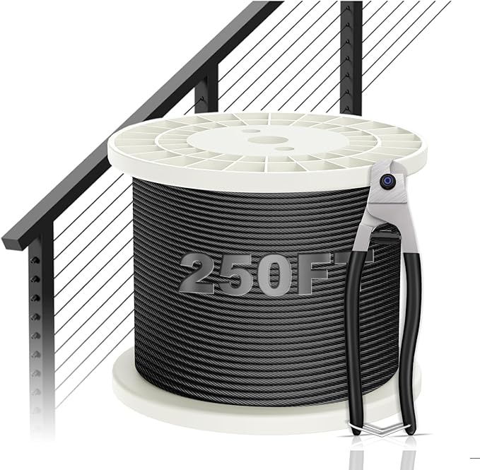 BLIKA 250FT 1/8" Black Stainless Steel Cable with Cutter, T316 Marine Grade, Stainless Steel Wire Rope 7x7 Strand Construction, 1850lbs Breaking Strength Aircraft Cable for Deck Railing