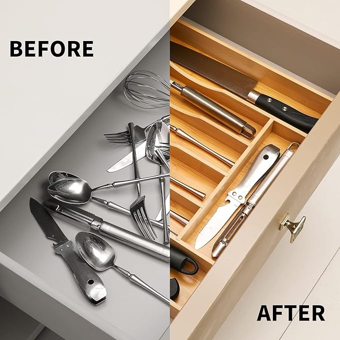 2-Piece Bamboo Silverware Organizer, Expandable Kitchen Drawer Organizer for Cutlery and Utensils, Multifunction Adjustable Bamboo Wood Cutlery Tray in Drawer for Flatware, (Natural)