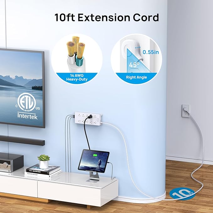 TROND Power Strip Surge Protector, 4000J, ETL Listed, 10 Widely Spaced Outlets, 2 USB A & 2 USB C Ports, Flat Plug Power Strip, 10ft Long Extension Cord, Wall Mountable, for Home Office Garage, White