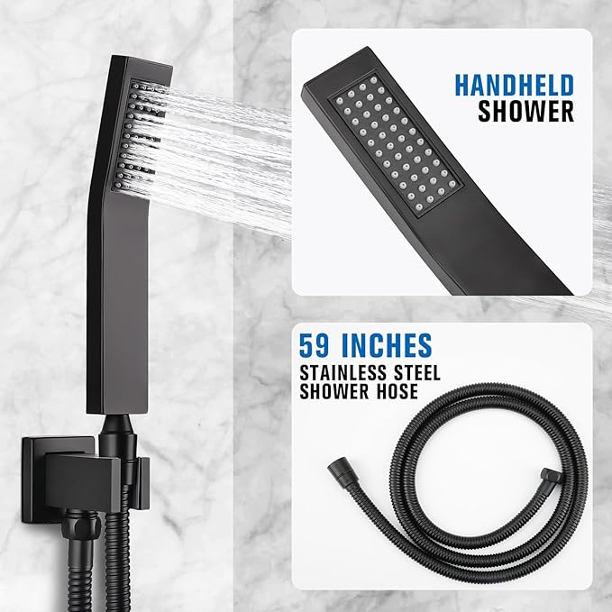 10 Inch Rainfall Shower System with Tub Spout Wall Mounted Complete Combo with Solid Brass Pressure Balancing Valve, High Pressure Shower Head, Handle Set & Installation Accessories Matte Black