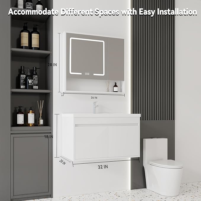 32'' Bathroom Vanity with Ceramic Sink Combo and Medicine Cabinet Mirror with Led Light/Defog, Wall Mounted Small Bathroom Vanity with Soft-Close Door Modern Floating Cabinet, White(No Faucet)