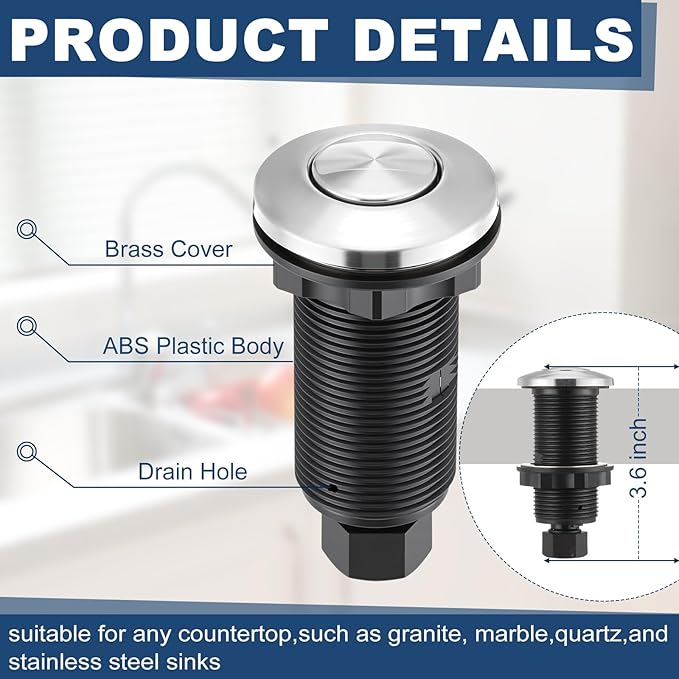 Garbage Disposal Air Switch Kit Dual Outlet Sink Top Waste Disposal On/off Stainless Steel Satin Nickel Button Extra Long Food and Waste Disposer, UL List(Silver)