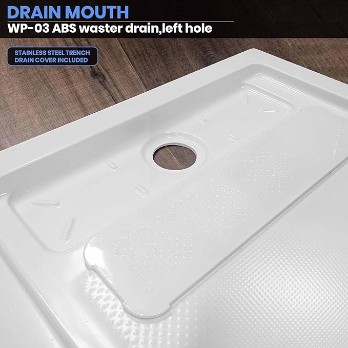 Shower Base in White Left Drainer Cover, Rectangular Shower Pan 60 "×32"×2.8", Anti-Slip Acrylic Shower Base for Bathroom