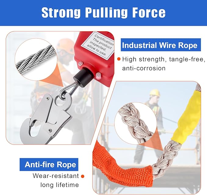 Fall Protection Lanyard Fall Arrest Protector 33Feet Self Retractable Double Locking Gear, Dual Shell Fall Safety Lifeline, Rope for Roofing, Construction, Rescue