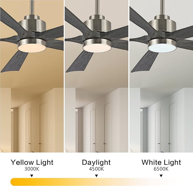 60" Modern Ceiling Fan with Lights and Remote Control, 5 Solid Wood Blades 6-Speed Noiseless Reversible DC Motor, Ceiling Fan for Bedroom Dinning Living Room, Nickel Finish with Wood Blades