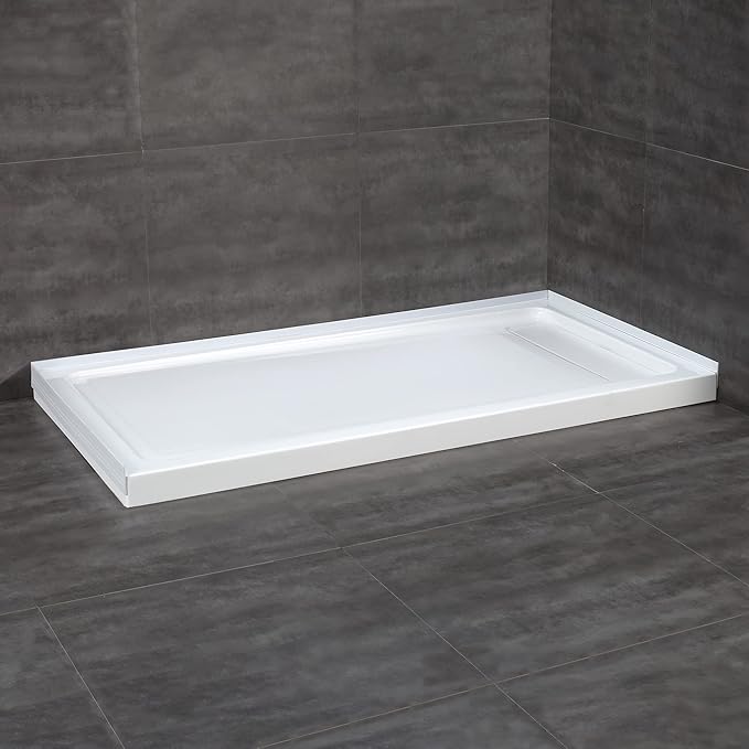 OVE Decors 60-in W x 32-in D Shower Base Pan Rectangle, Hidden Side Drain, White Acrylic, Reversible Design