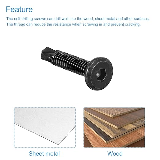 uxcell Hex Socket Self Tapping Screws, 1/4 x 1-1/4" 410 Stainless Steel Sheet Metal Flat Head Drilling Screw 50pcs, Black