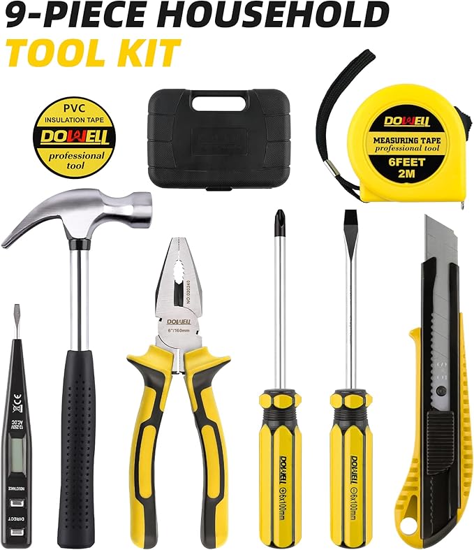 DOWELL Small Homeowner Tool Set 9 Pieces General Household Small Hand Tool Kit with Plastic Tool Box Storage Case