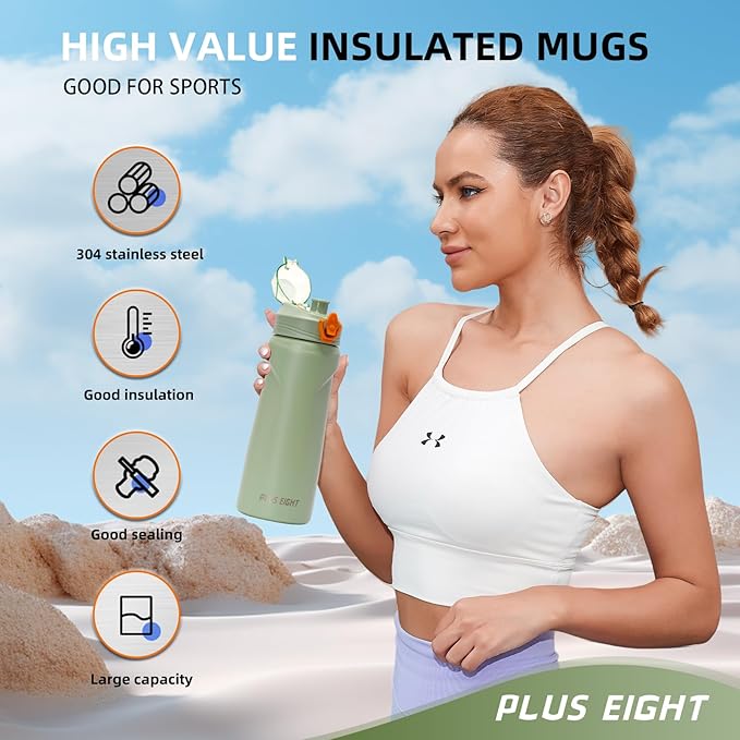 Sports Water Bottle, 25 oz Insulated Water Bottle With Straw, Stainless Steel Water Bottle Wide Mouth for Sports, Gym or Office, BPA-Free Keep Cold 24H Hot 12H (Green)