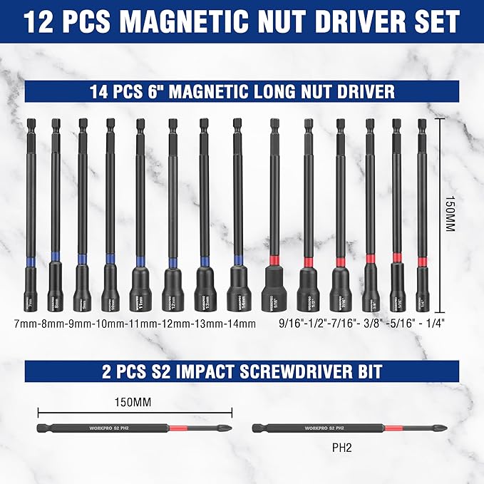 WORKPRO 16-Piece Magnetic Nut Driver Set and Bit, 6" Long Nut Drivers, Metric & SAE Nut Drivers for Impact Drill, Long Shank Nut Driver Bits, 1/4"Hex Shank, Long Power Bits, PH2, with Sturdy Tool Box
