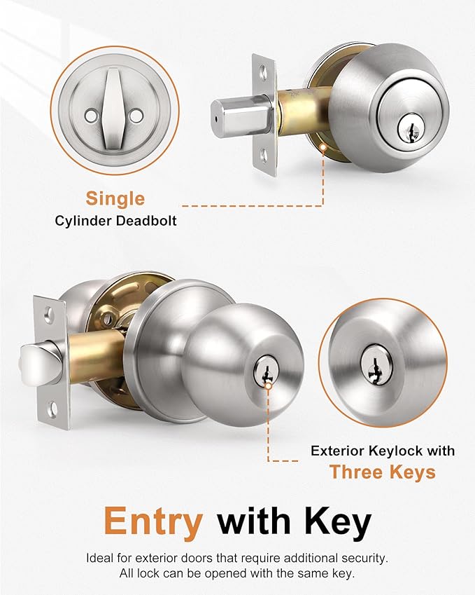 Probrico Entry Door Knob with Single Cylinder Deadbolt Set Brushed Nickel Entry Door Lock Set with Key