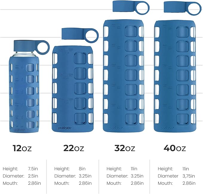 purifyou Premium 40/32 / 22/12 oz Glass Water Bottles with Volume & Times to Drink, Silicone Sleeve & Stainless Steel Lid Insert, Reusable Bottle for Fridge Water, Juice (12oz Chinese Porcelain)