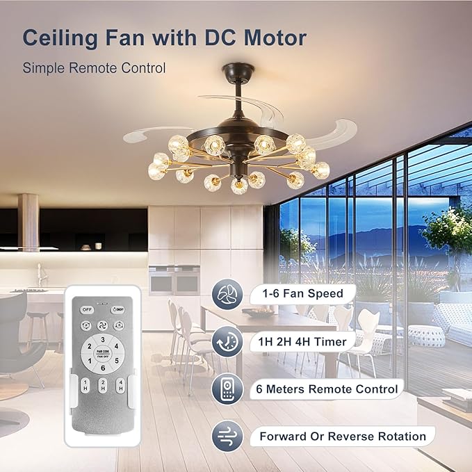 Sputnik Ceiling Fan with Light: Black Modern Chandelier with Fan for Indoor - Crystal 48" Fandelier with 15 Lights for Living Dining Room Kitchen - Retractable Ceiling Fan with Lights