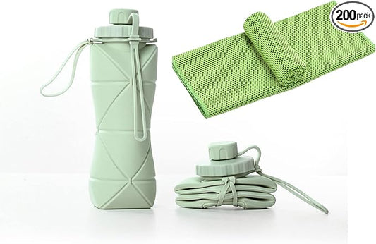Gift for Father Day and Graduation, New Portable Silicone Collapsible Water bottle with Cooling Towel for Traveling and Outdoor Sports,600ml BPA Free Water Bottle,Summer Essentials (Green)
