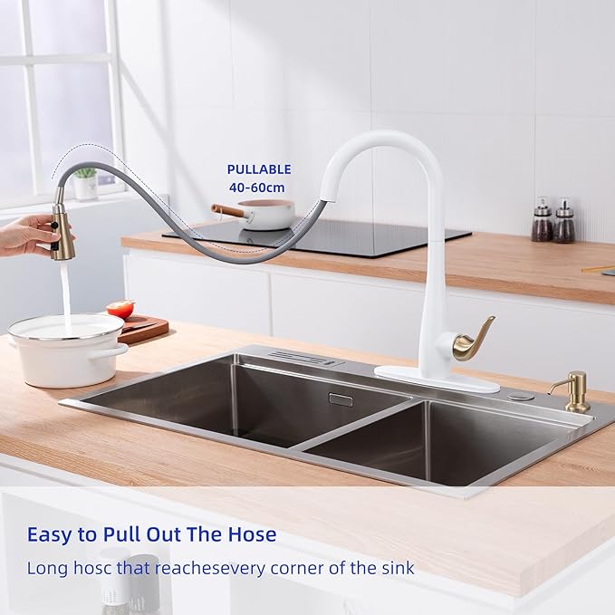 Kitchen Faucet with Soap Dispenser and Pull Down Sprayer - Stainless Steel Single Handle Kitchen Sink Faucet, 1 or 3 Hole Design for Modern Farmhouse Kitchens, Rv, and Bar Sinks (Whit and Gold)