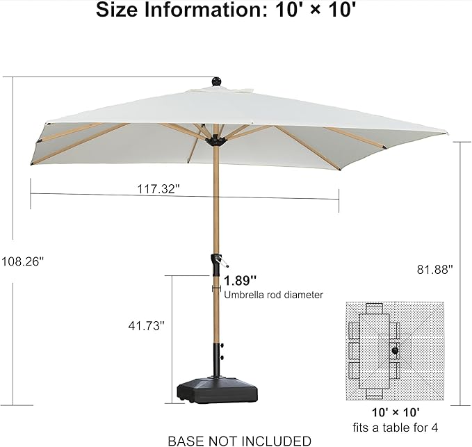 PURPLE LEAF 10' x 10' Square Patio Umbrella Outdoor Table Umbrella Aluminum Market Umbrella with 8 Sturdy Ribs & Crank Outdoor Umbrellas for Garden Deck Patio, Cream