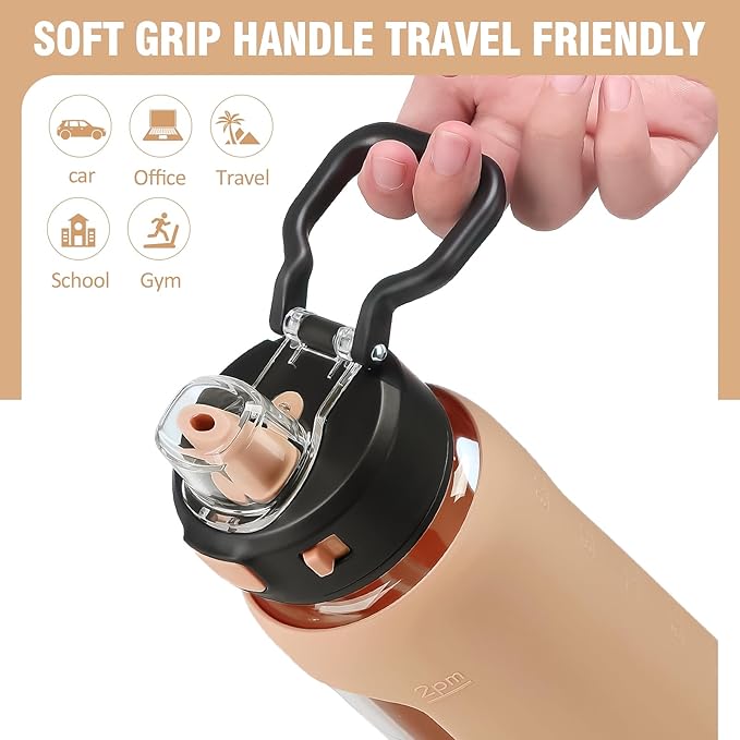 Kodrine Water Bottle with Soft Straw and Carry Loop, 32 oz Glass Water Bottle with Locking Lid, Clear Water Bottles Sports, Drinking Bottle for Travel Home Gym, Leakproof(Amber)