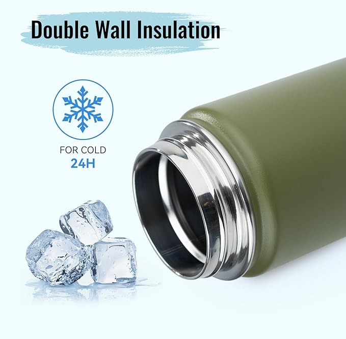 Stainless Steel Water bottle with Straw & Wide Mouth Lid, Wide Rotating Handle, 18oz Double Wall Vacuum Insulated Water Bottle Leak Proof, BPA Free, Keep Cold and Hot, 18oz, Army Green