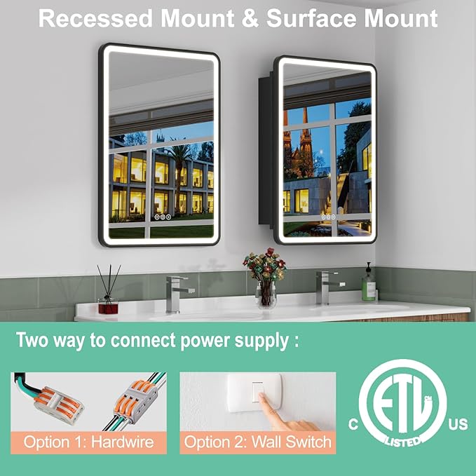 24x30 Inch Medicine Cabinet with Mirror, Recessed or Surface Mount Bathroom Medicine Cabinet with LED Lights, Anti-Fog, Memory Function, Adjustable Shelf, Dimmable Light, ETL Listed, Black,Right Hinge