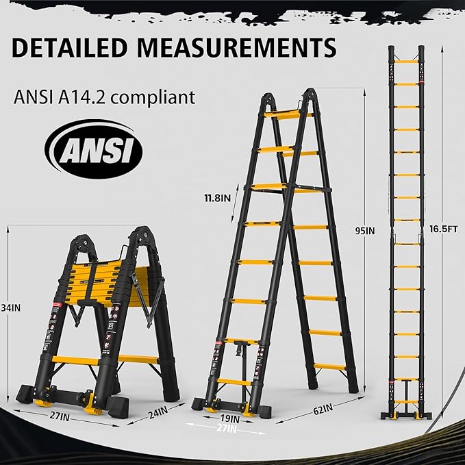 16.5 FT Telescoping A Frame Ladder, 8 Step, ANSI Certified, Type I Heavy Duty, 330lbs Max Capacity, Aluminum Extension Ladder for Home, Roof, RV; Yellow