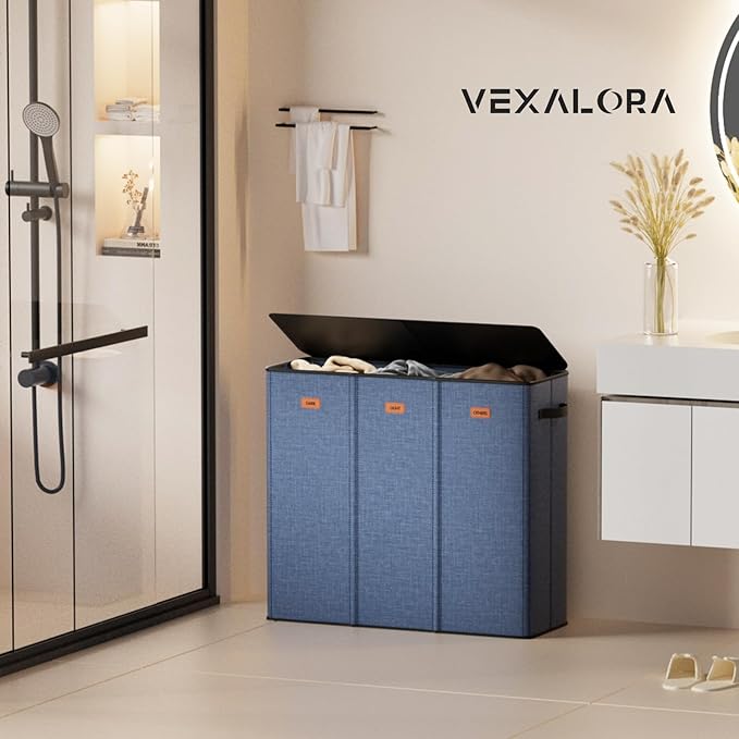 185L Laundry Hamper 3 Section, Laundry Hamper with Lid, Dirty Clothes Hamper with 3 Removable Washing Bags, Extra Large Laundry Basket Organizer for Bedroom, Laundry Room, Dorm - Navy Blue