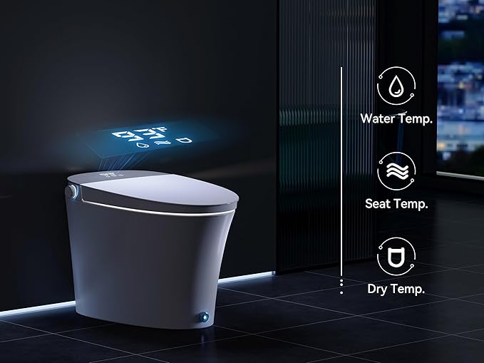 Smart Toilet with Powerful Flush, for Low Water Pressure, Luxury Smart Toilet built-in bidet with Instant Warm Water, Auto Open& Close Lid and Kick Control, Deodorization, Night Light