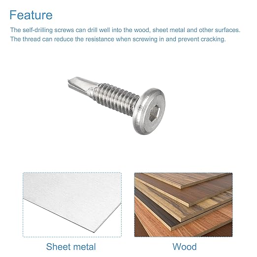 uxcell Hex Socket Self Tapping Screws, 1/4 x 1 410 Stainless Steel Sheet Metal Flat Head Drilling Screw 50pcs, Silver