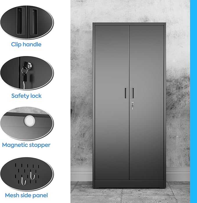 61.61" H Metal Broom Closet Storage Cabinets with Pegboards and Hooks,Utility Closet Storage Cabinet with Hanging Rod and Adjustable Shelves for Garage,Laundry Room,Utility Room,Warehouse