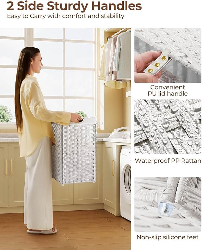 Greenstell Laundry Hamper with 2 Removable Liner Bags，90L Divided Clothes Hamper, Handwoven Synthetic Rattan Foldable Laundry Basket with Lid and Handles White (18.5 x 13.3 x 24.0Inches)