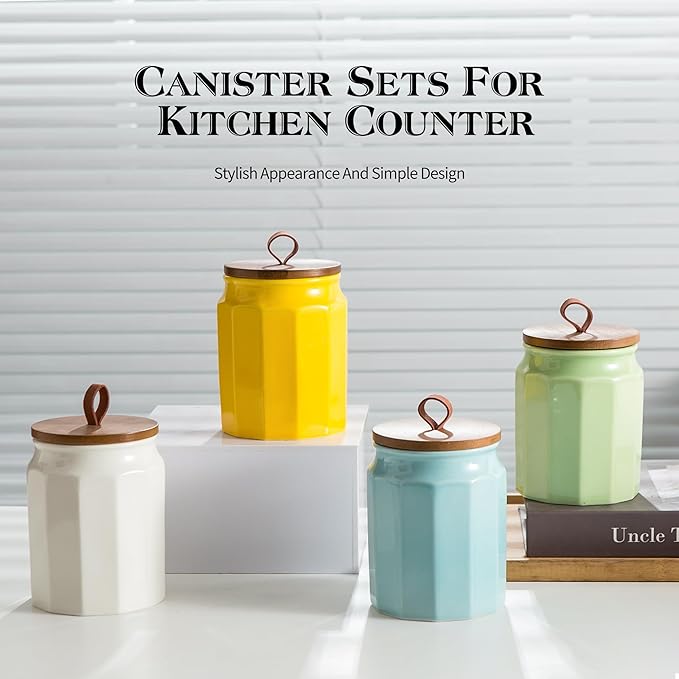 Canister Sets for Kitchen, Kitchen Canisters for Countertop with Airtight Wood Lid, Ceramic Food Storage Containers and Sugar Container for Coffee, Flour, Tea, Candy, Cookie, Spice