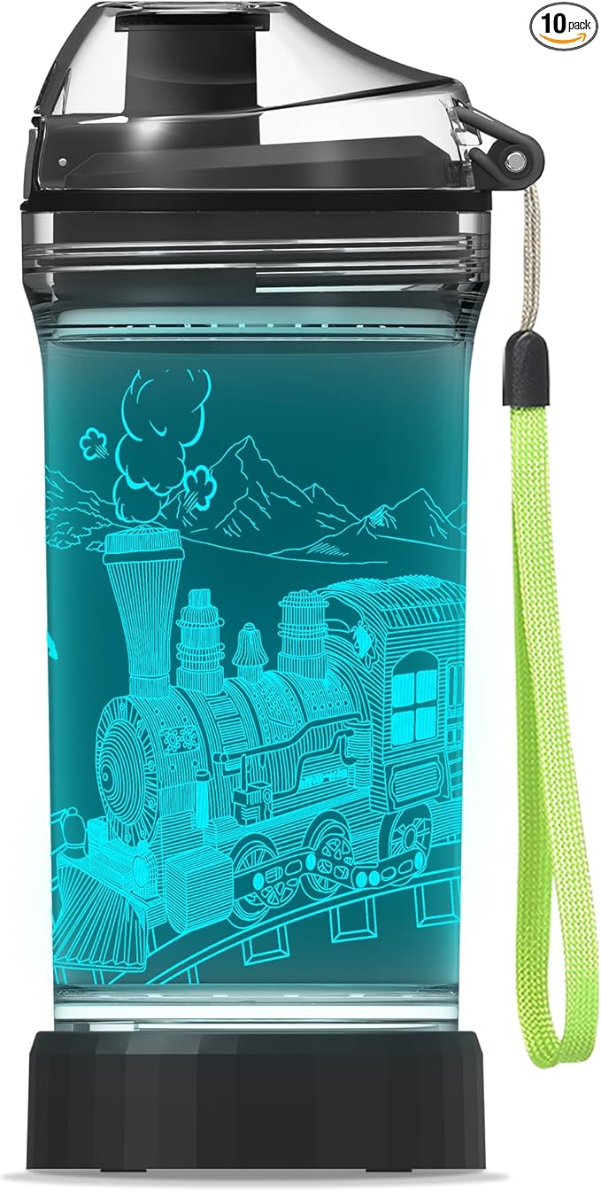 Kids Water Bottle with Train Design 3D Glowing LED Light-Tritan BPA Free,Perfect for Back-to-School Season, Girls, Boys, Kids, Holiday Camping, Picnic Gifts - 14 oz Travel Mug