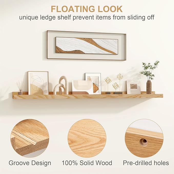 Floating Picture Ledge Shelves 48 Inch Solid Oak Wood Set of 2, Rustic Wall Storage Shelves with Lip, Kids Bookshelf, Photo & Picture Ledge Shelves for Bedroom, Living Room, Kitchen