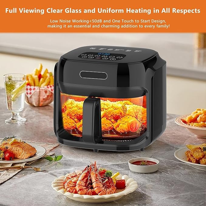 Glass Air Fryer, 7.6QT with Transparent Fry Bowl, Circulating Heating, Temperature Control, Air Fryer Roast, Dishwasher Safe (Black)
