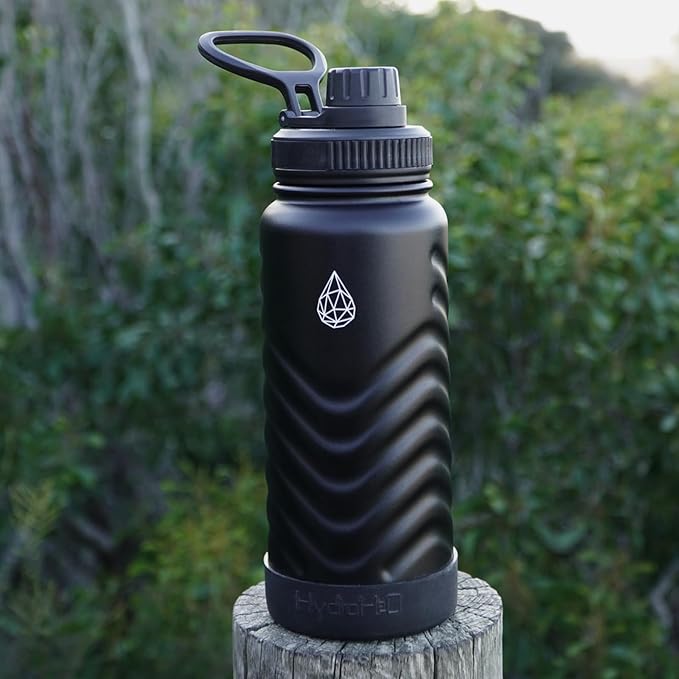 32 oz Insulated Water Bottle - Black Water Bottles with Straw (Spout Lid & Screw Top) & Silicone Boot & Flex Handle - Wide Mouth Stainless Steel Water Bottles - BPA Free - (Black, 1000ml)
