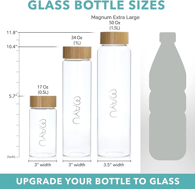 mayu Portable Container Water Bottle With Bamboo Lid - Eco Friendly & BPA Free Borosilicate Glass Infuser Bottle - Leak Free Design - For Storage, Everyday Use And Non-Toxic Hydration - 51oz 1.5L