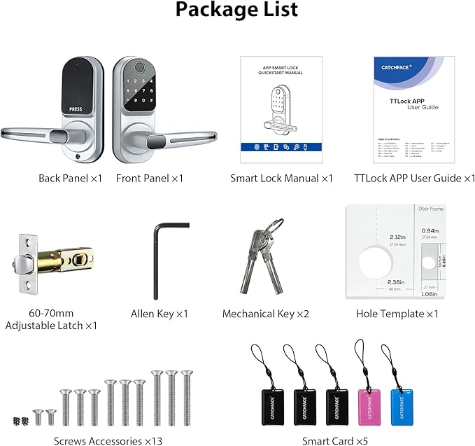 CATCHFACE Smart Fingerprint Lock - Keyless Entry Door Lock with Reversible Handle - Silver