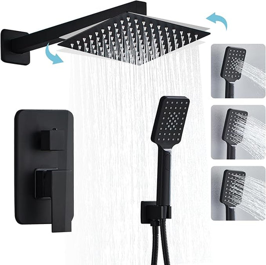 Black Shower Faucet Set, Bathroom Shower System 10 Inch Rain Shower Head and Handheld Wall Mounted, 3-Setting Handheld Shower Faucets Sets Complete with 2 Way Pressure Balance Shower Valve Kit
