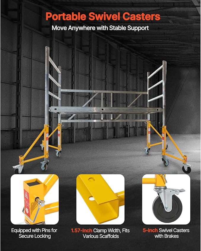 VEVOR 4-Pack Scaffold Outriggers, 1000 lbs Total Load Capacity Baker-Style Scaffolding Accessory with Swivel Casters, Carbon Steel Scaffold Wheel System with Rust Proof Galvanized Surface, Yellow