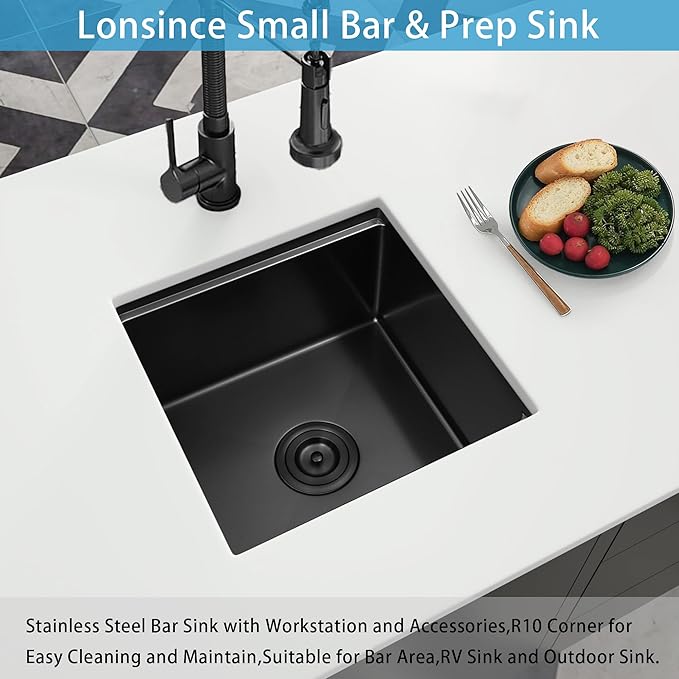 Black Bar Sink Undermount,Small Bar & Prep Sinks,16 gauge Stainless Steel Bar Sink with Workstation for Wet Bar Area (17" X 19")