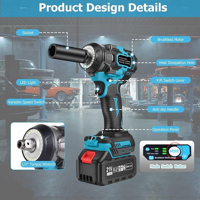 Cordless 1/2 inch Impact Wrench 406Ft-lbs (550N.m) 3600RPM Compatible with Makita 18V Battery, Brushless Electric High Torque Impact Gun with 3-Mode Speed, 2 Sockets for Car Home (No Battery)