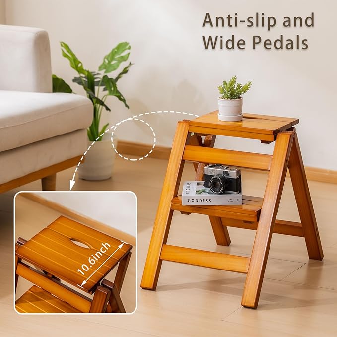 Wooden Step Stool, Foldable 2 Step Ladder, Solid Wood Ladder Stool for for Home, Kitchen & Garden Walnut