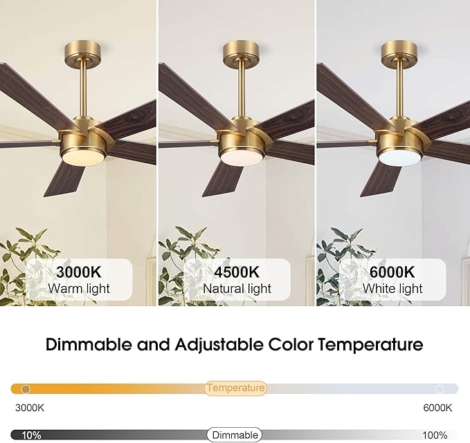 54" Ceiling Fan with Light and Remote Control, Modern Dimmable LED Light, 6-Speed Noiseless Reversible DC Motor, 5 Plywood Ceiling Fan for Kitchen Bedroom Living Room NAB Gold/Walnut